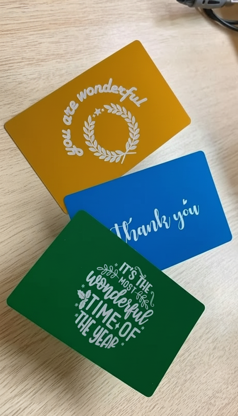 Laser Engraved Cards — Gold, Blue & Green